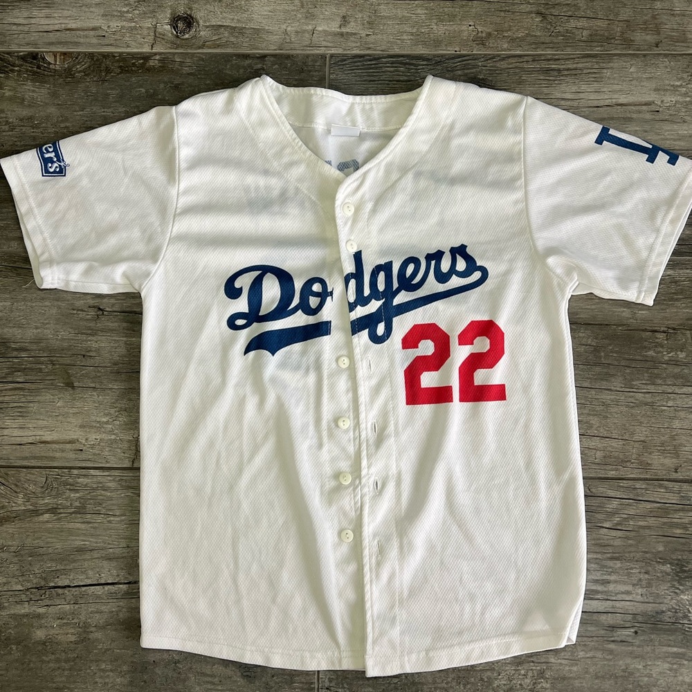 Kids Dodgers White and Red Baseball Jersey size y-Large